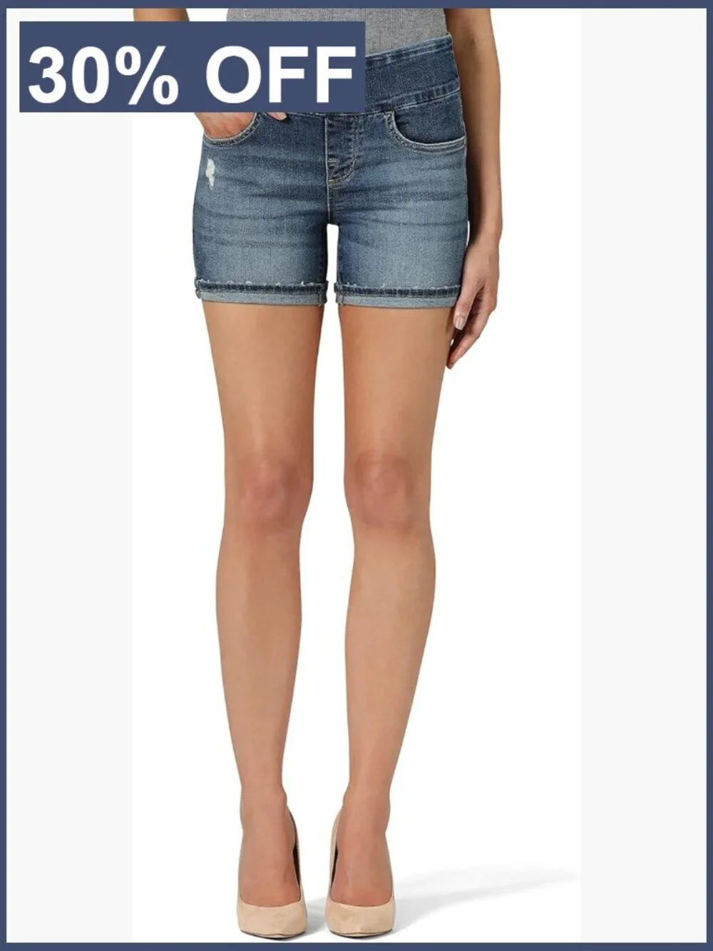 Stretch Denim Shorts with 5 Pockets - Mid Rise Pull-On